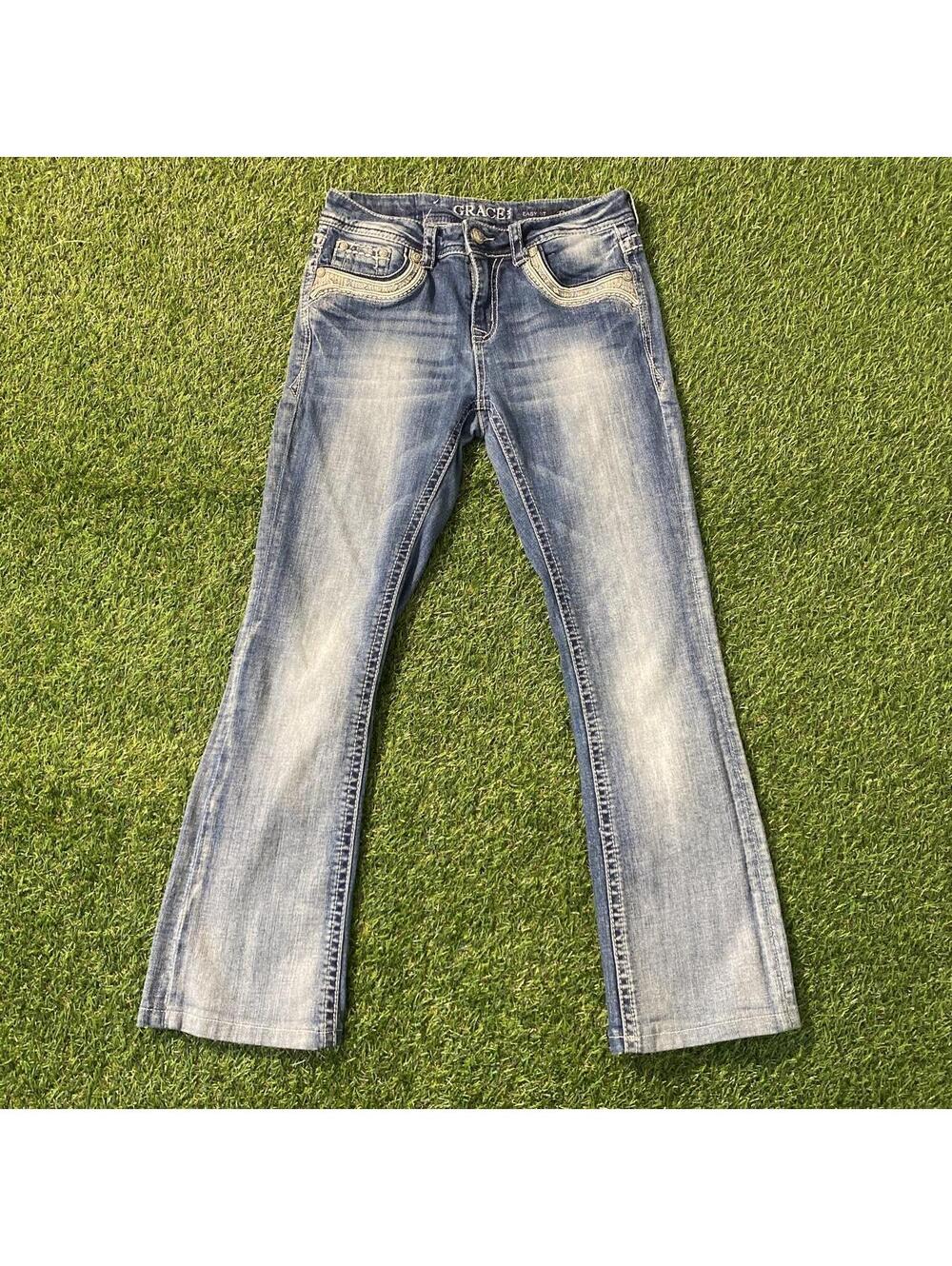 Vintage Y2K GRACE In LA Blue low rise flare jeans with white stitching